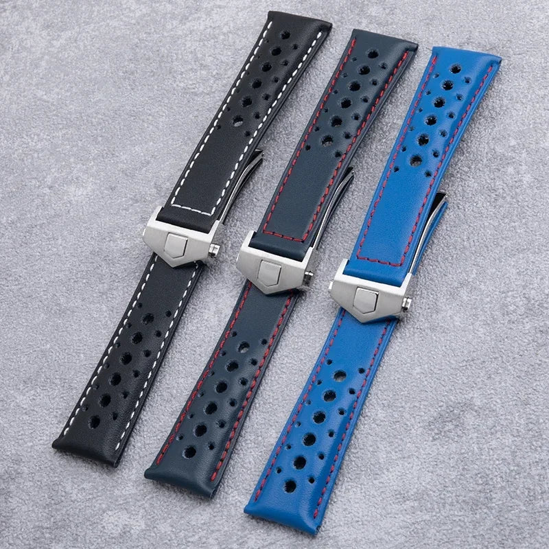 22mm Calfskin Leather Watch Strap – Compatible with TAG Heuer Monaco & Carrera-Watch Bands-VivaStraps-Dark Blue Red Lines-Without Buckle-22mm-Viva Timepiece