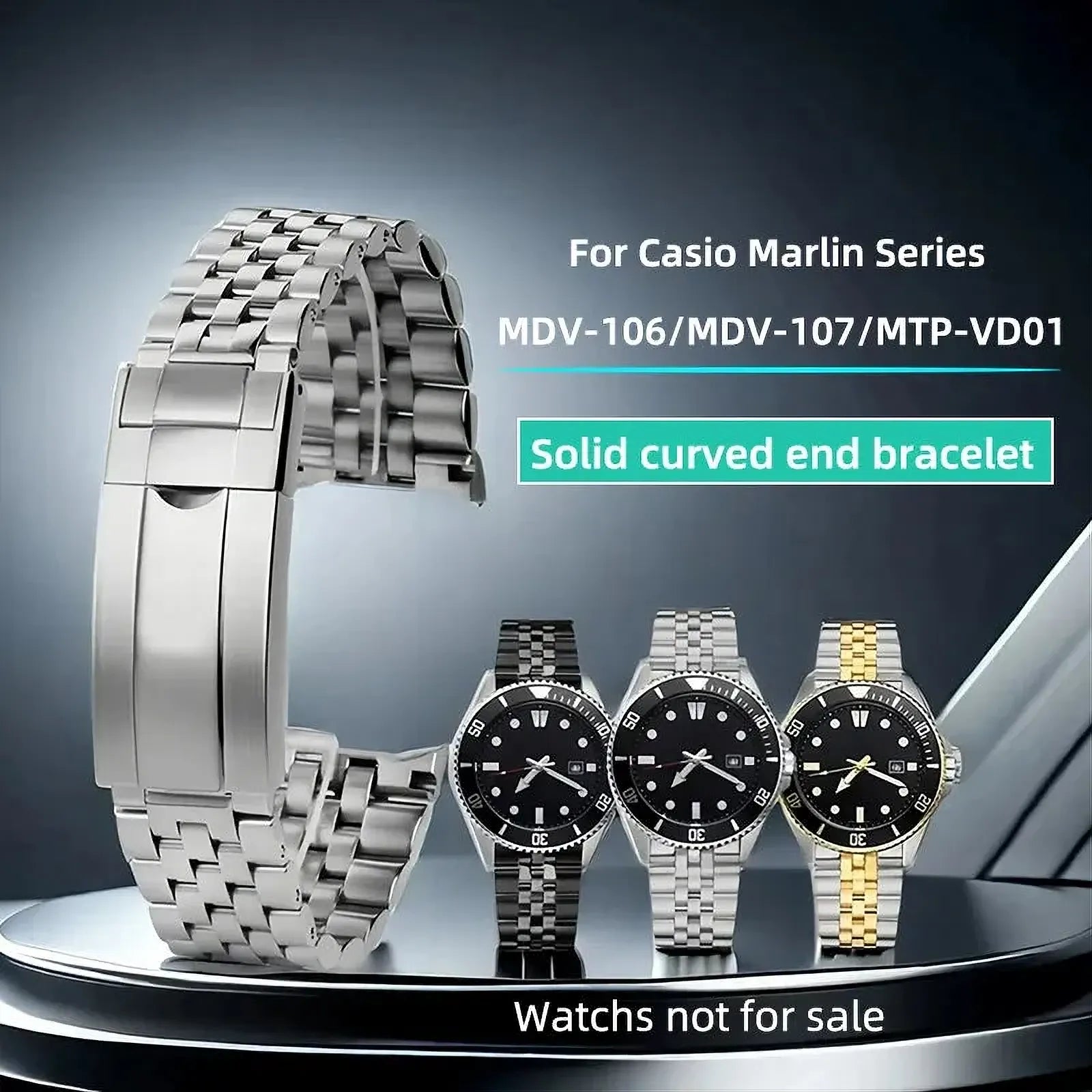 22mm Curved-End Stainless Steel Watch Band Compatible with Casio MDV-106-107-ChronoCraft-Viva Timepiece