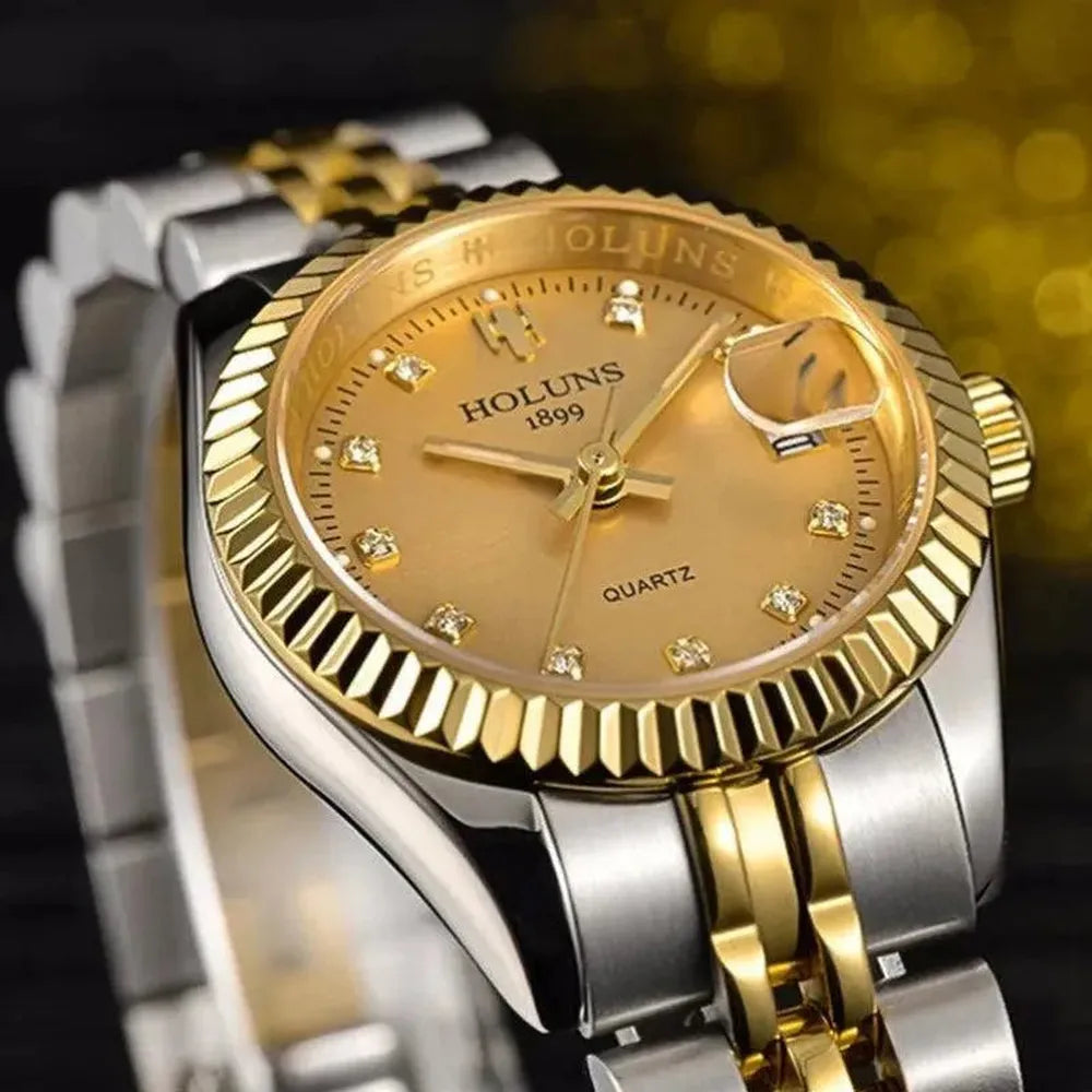 Holuns 28mm Ladies Quartz Dress Watch – Fluted Bezel, Jubilee Bracelet-Holuns-Viva Timepiece