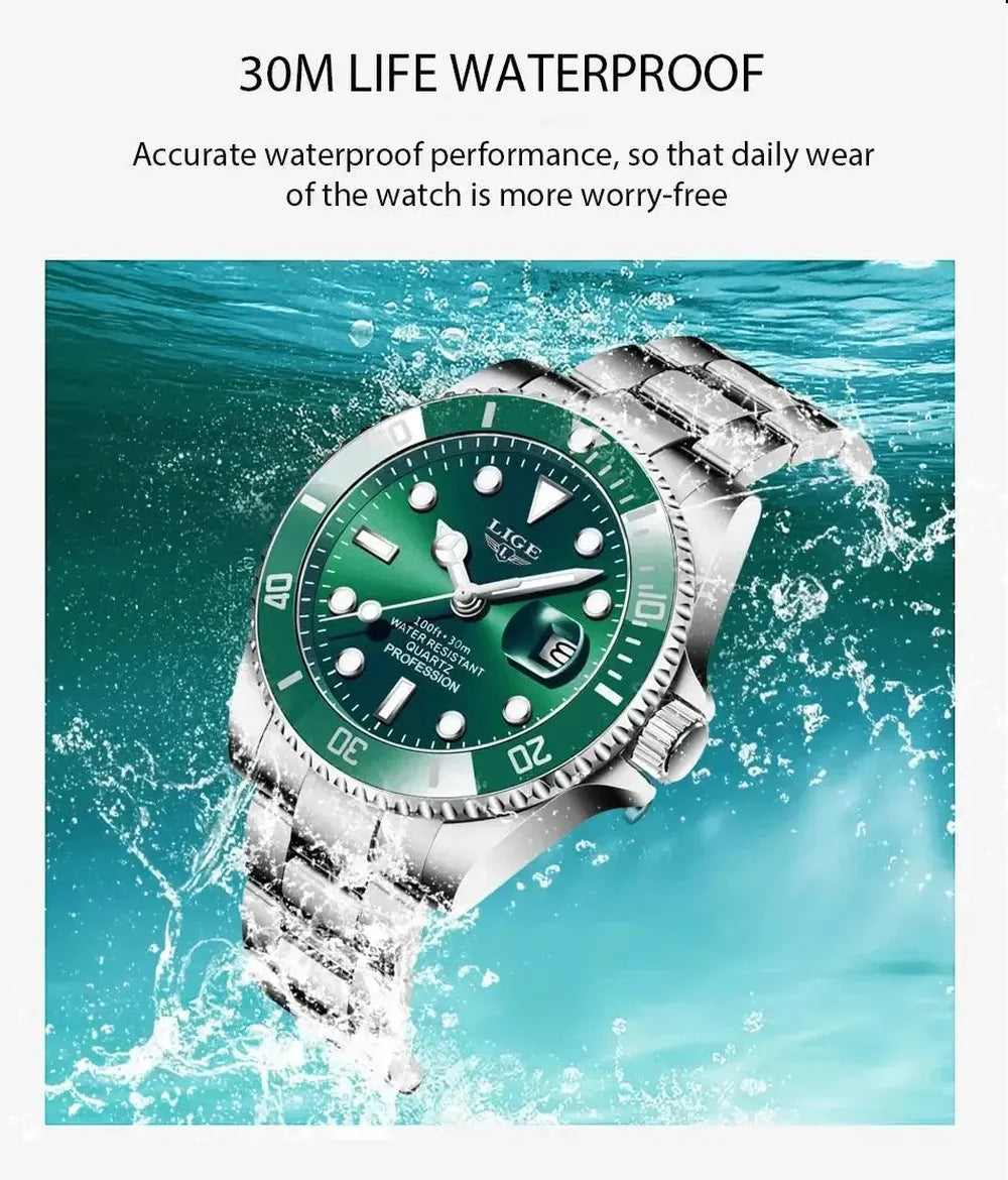 LIGE 42mm Quartz Diver Watch – Sapphire-Coated Crystal, Steel Bracelet-LIGE-Viva Timepiece