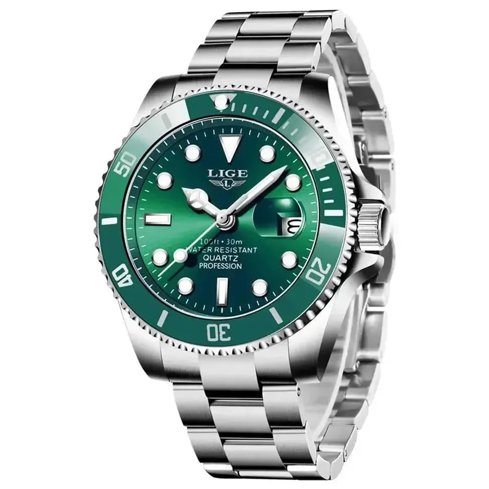 LIGE 42mm Quartz Diver Watch – Sapphire-Coated Crystal, Steel Bracelet-LIGE-Viva Timepiece