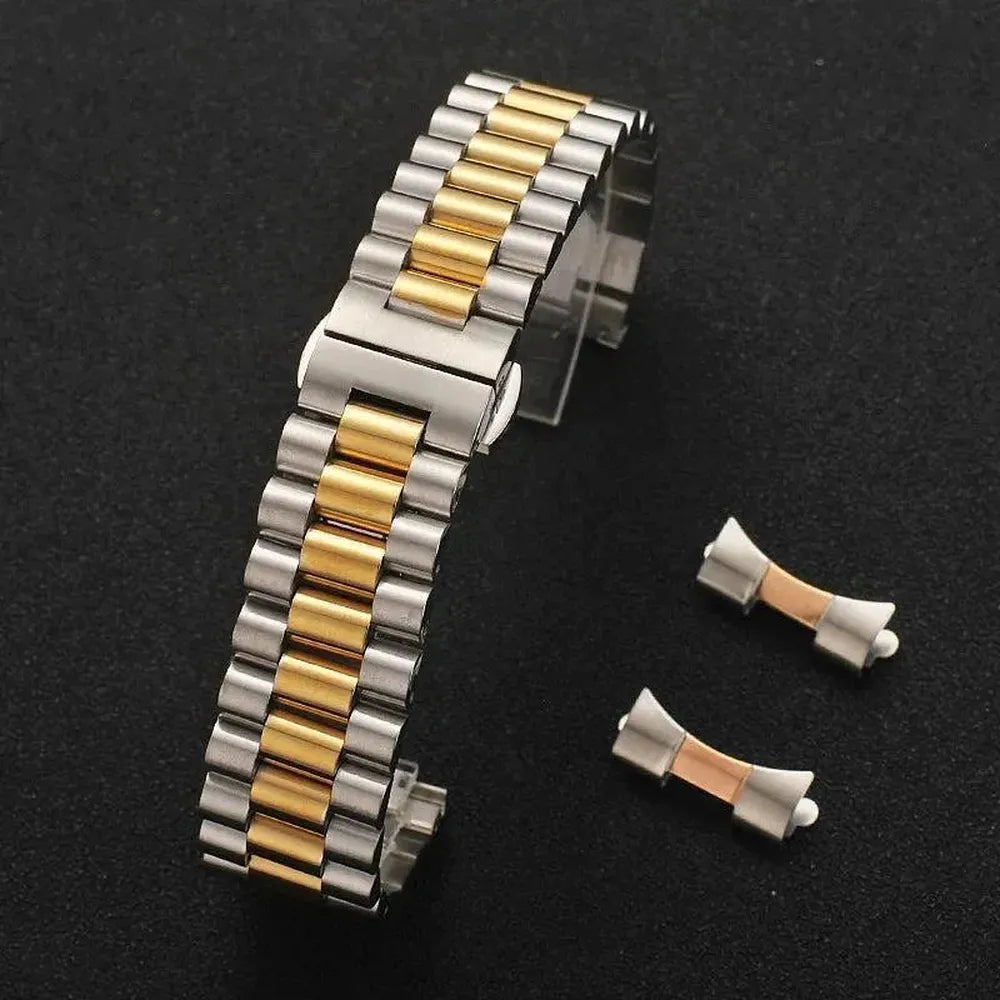 Solid Stainless Steel 3-Row Replacement Watch Band – Flat & Curved End, 12mm–22mm-ChronoCraft-Viva Timepiece
