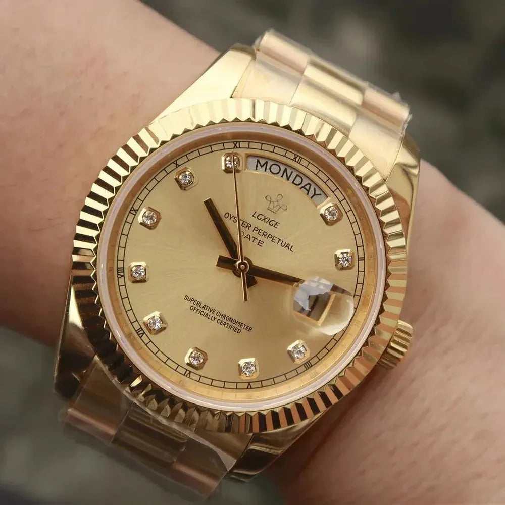 Classic Day-Date Jewel Quartz Watch – Fluted Bezel-LGXIGE-Viva Timepiece