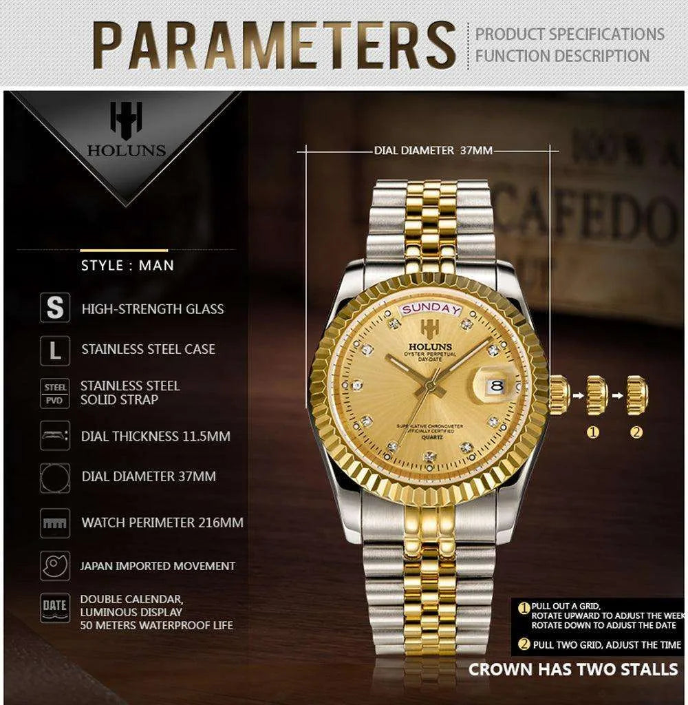 Classic Day-Date Quartz Watch – Fluted Bezel-Holuns-Viva Timepiece