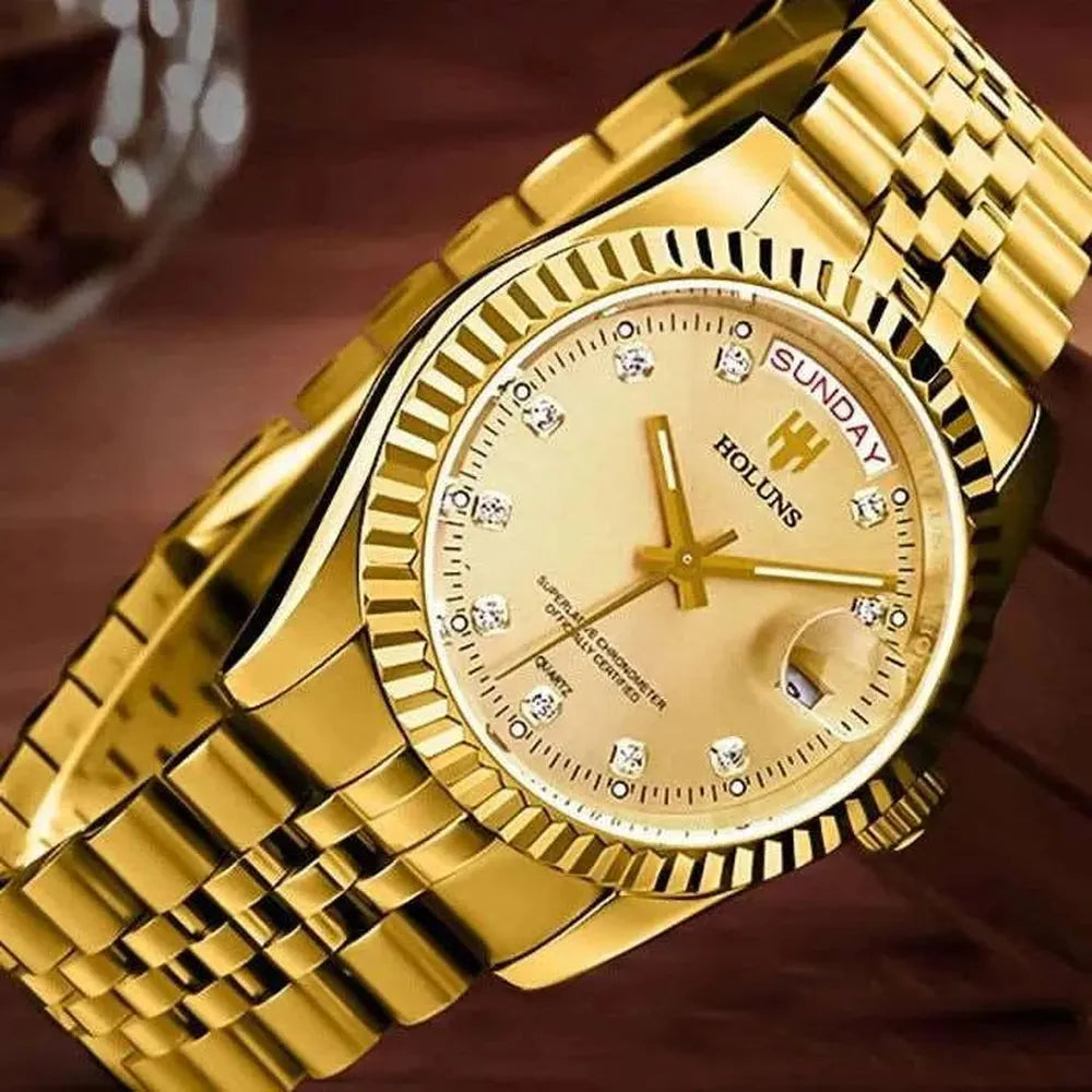 Classic Day-Date Quartz Watch – Fluted Bezel-Holuns-Viva Timepiece