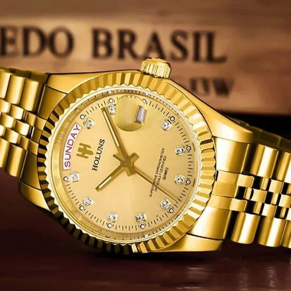 Classic Day-Date Quartz Watch – Fluted Bezel-Holuns-Viva Timepiece