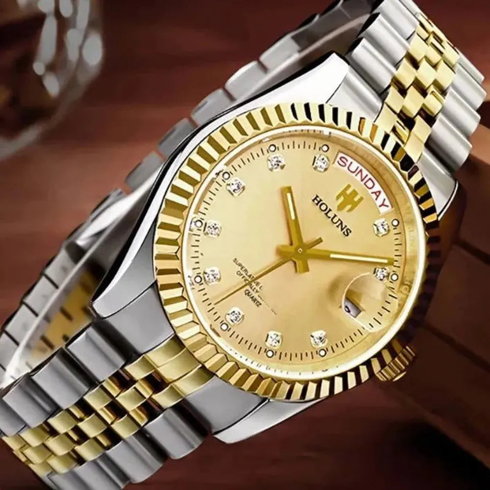 Classic Day-Date Quartz Watch – Fluted Bezel-Holuns-Viva Timepiece