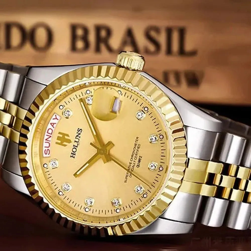 Classic Day-Date Quartz Watch – Fluted Bezel-Holuns-Viva Timepiece