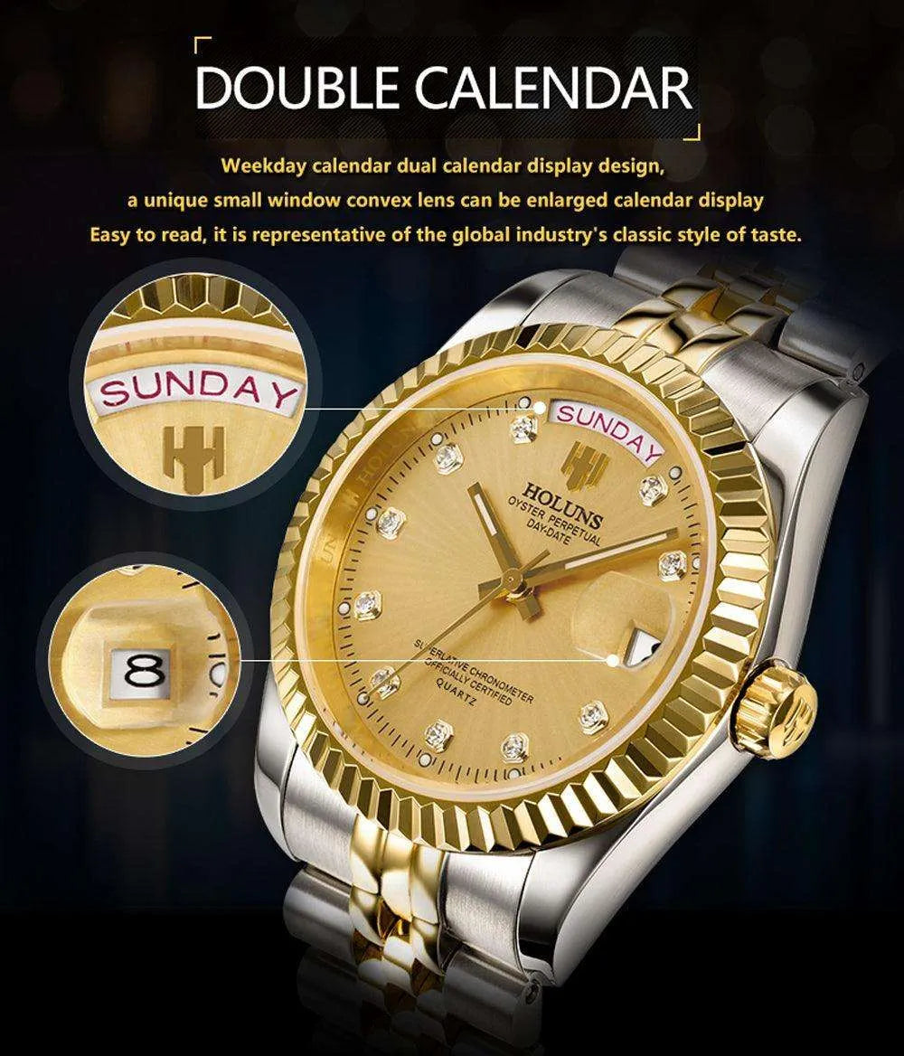 Classic Day-Date Quartz Watch – Fluted Bezel-Holuns-Viva Timepiece