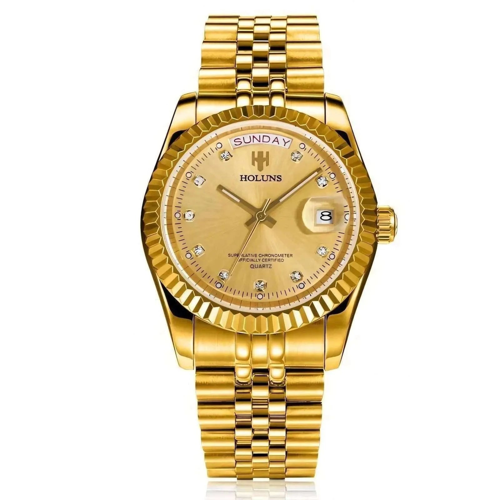 Classic Day-Date Quartz Watch – Fluted Bezel-Holuns-Viva Timepiece