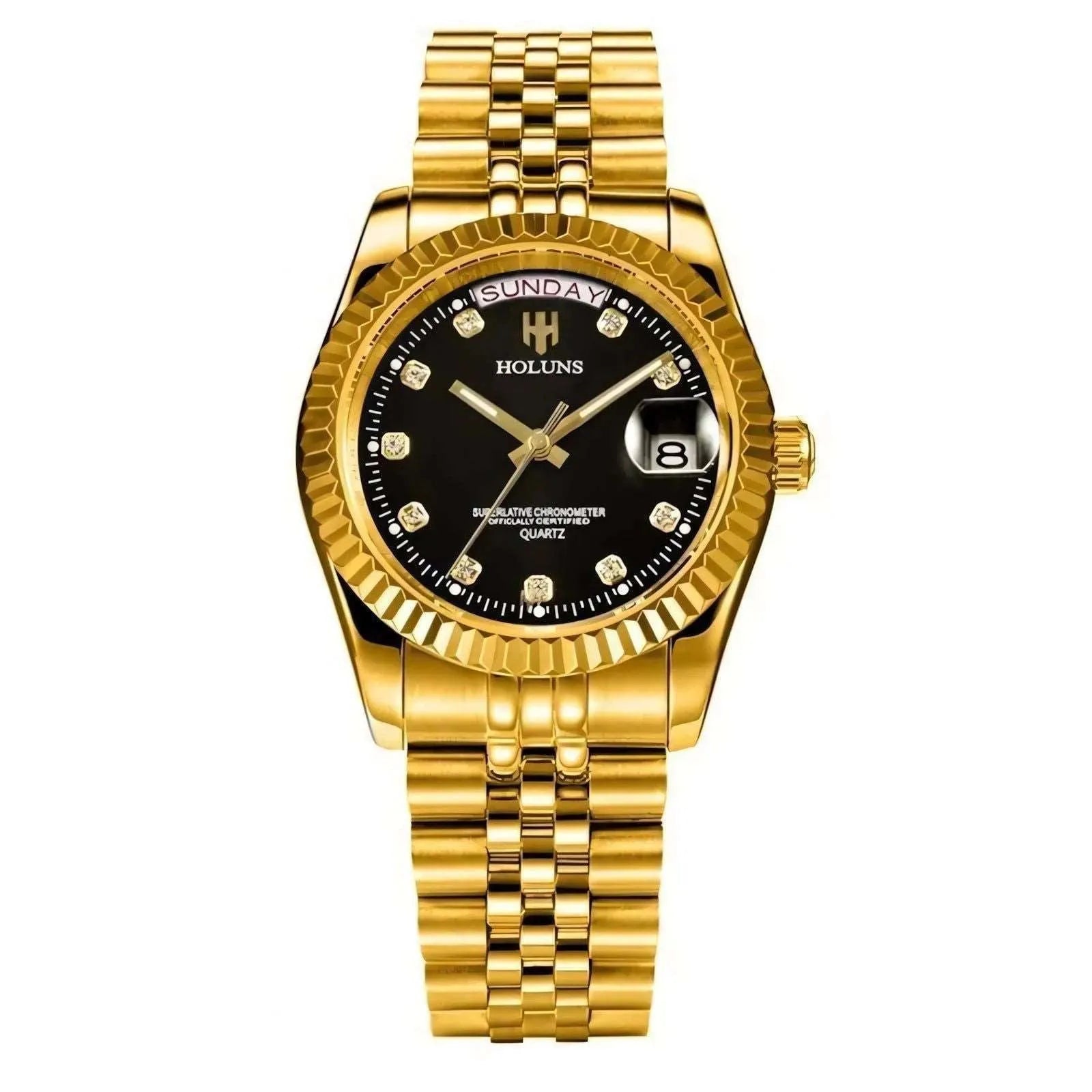 Classic Day-Date Quartz Watch – Fluted Bezel-Holuns-Viva Timepiece