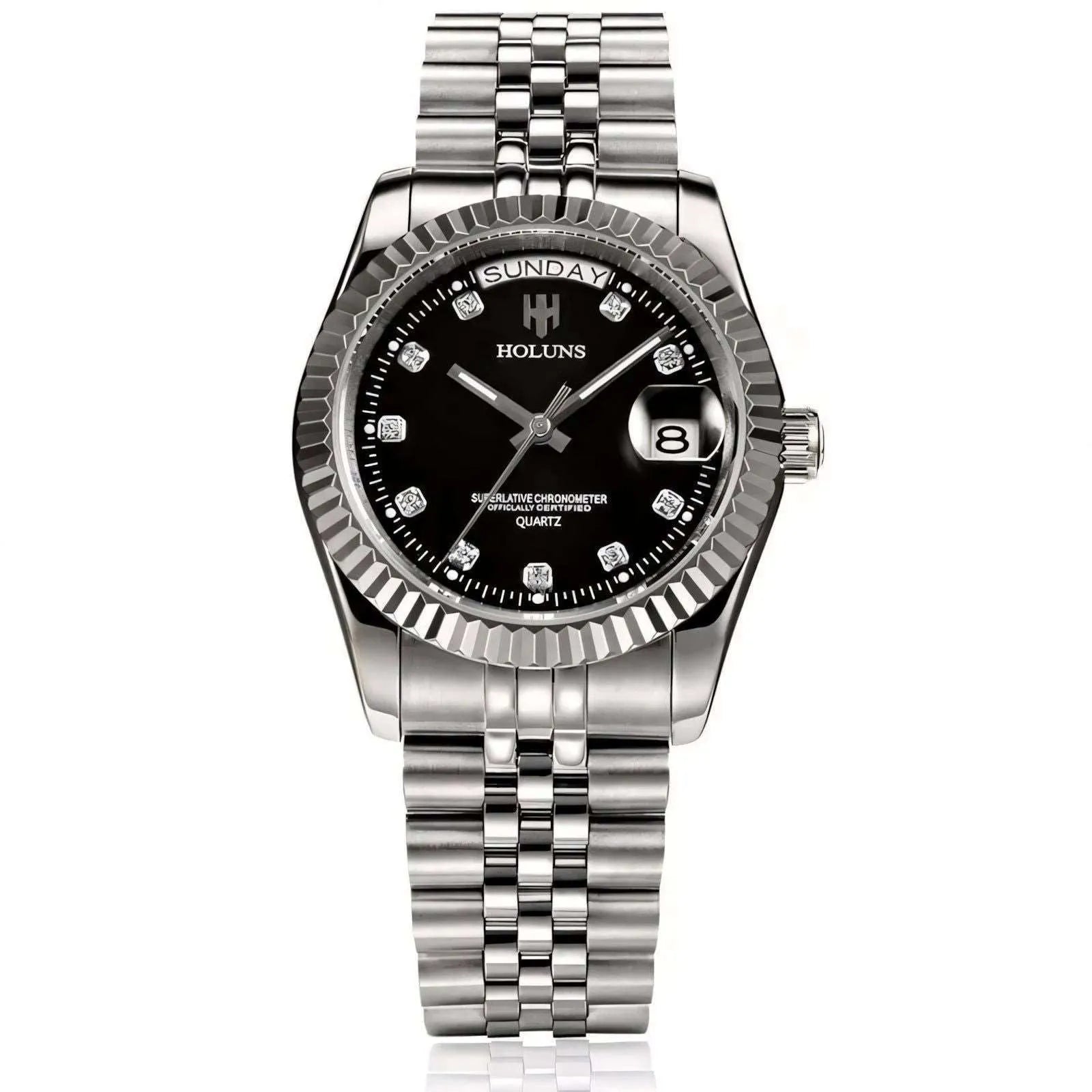 Classic Day-Date Quartz Watch – Fluted Bezel-Holuns-Viva Timepiece