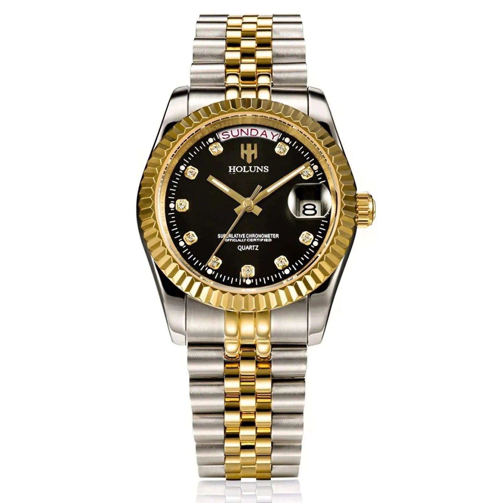 Classic Day-Date Quartz Watch – Fluted Bezel-Holuns-Viva Timepiece