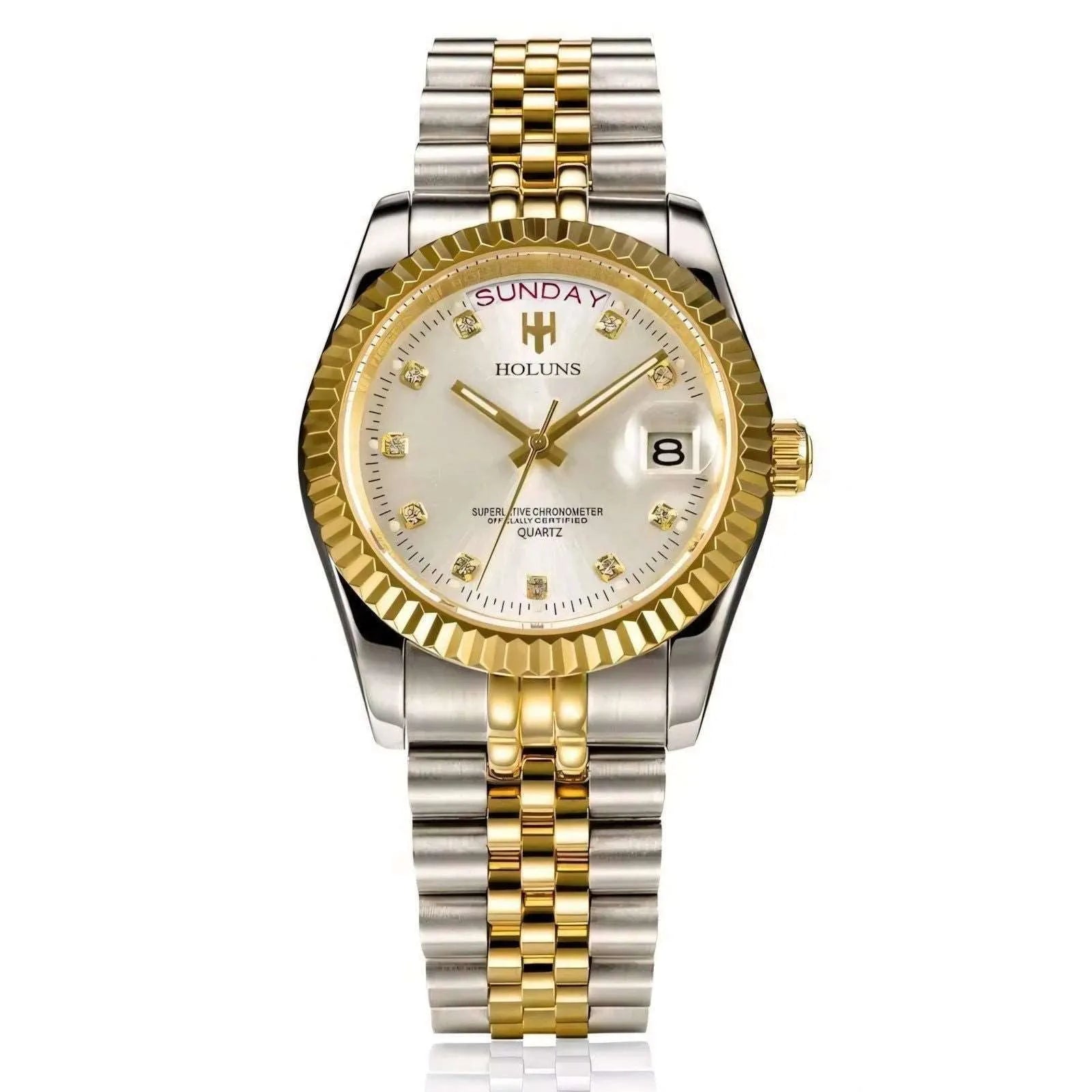 Classic Day-Date Quartz Watch – Fluted Bezel-Holuns-Viva Timepiece