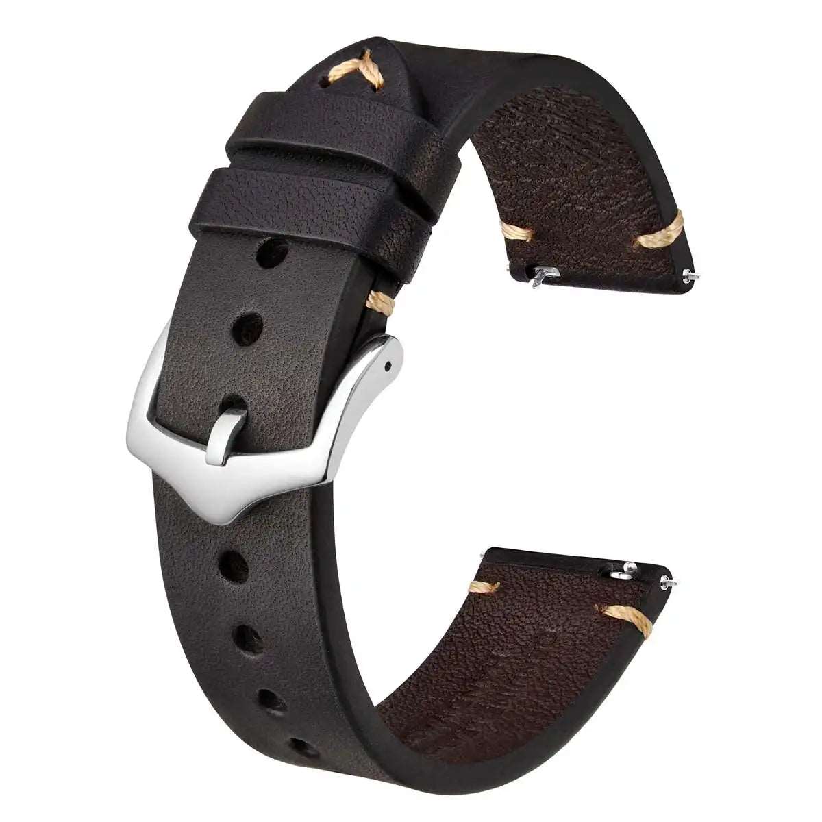 Crazy Horse Leather Watch Strap Bands,18mm 20mm 22mm Black-Silver Buckle - VivaStraps | Viva Timepiece