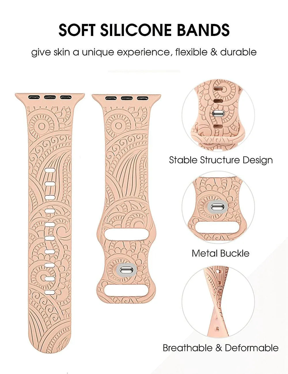 Engraved Silicone Band Compatible with Apple Watch – Henna Floral Design-Tivra-Viva Timepiece