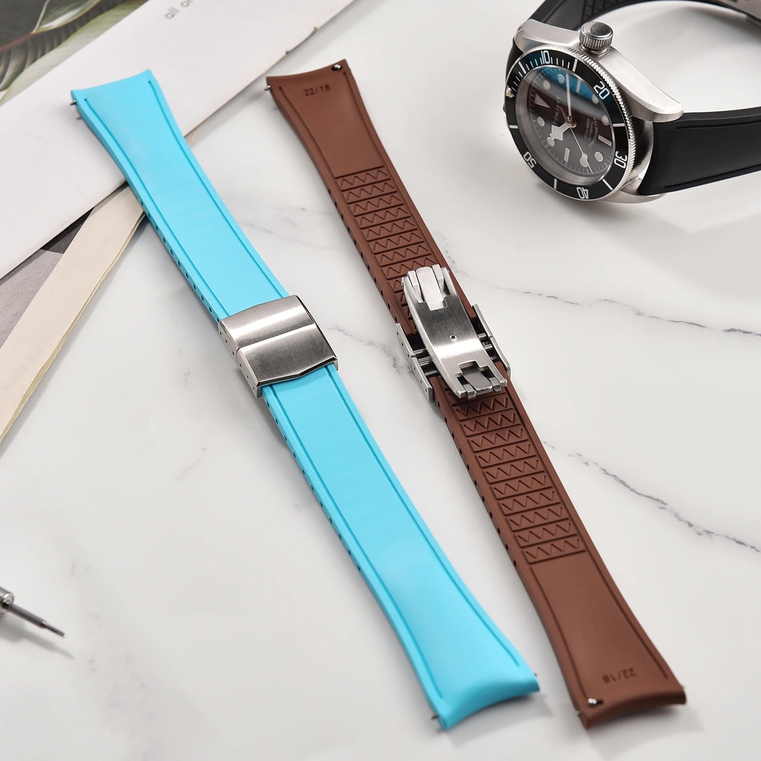 Curved-End CTS FKM Rubber Watch Strap – 20mm / 22mm, Quick Release, Butterfly Clasp-Straptique-Viva Timepiece