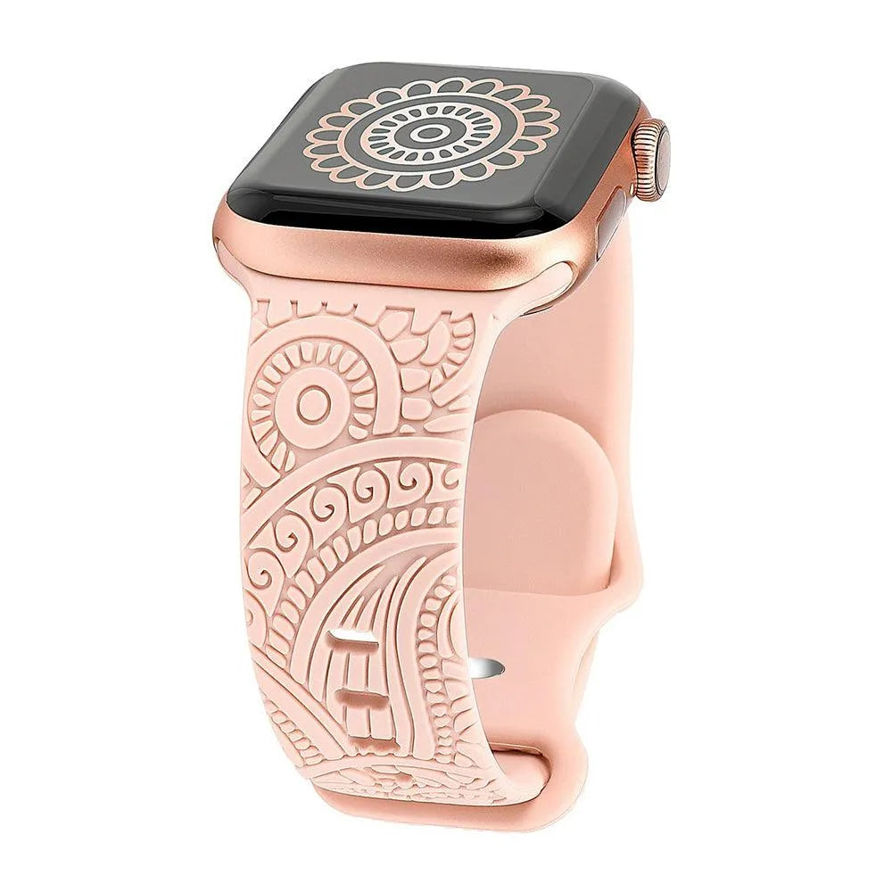 Engraved Henna Floral Silicone Band Compatible with Apple Watch 38–49mm