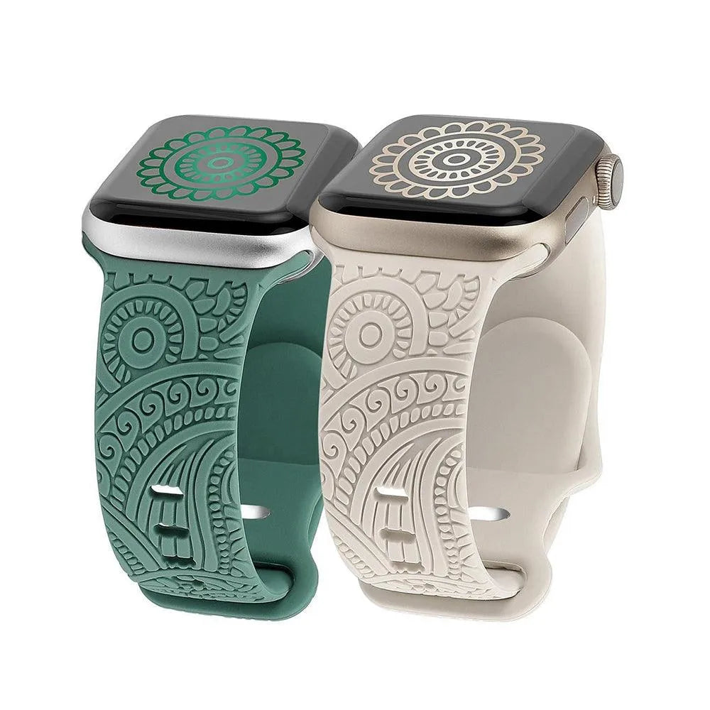 Engraved Henna Floral Silicone Band Compatible with Apple Watch 38–49mm