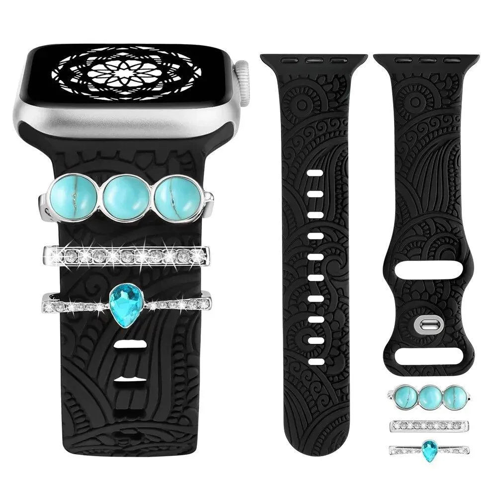 Engraved Silicone Band with Diamond Charms Compatible with Apple Watch 38–49mm