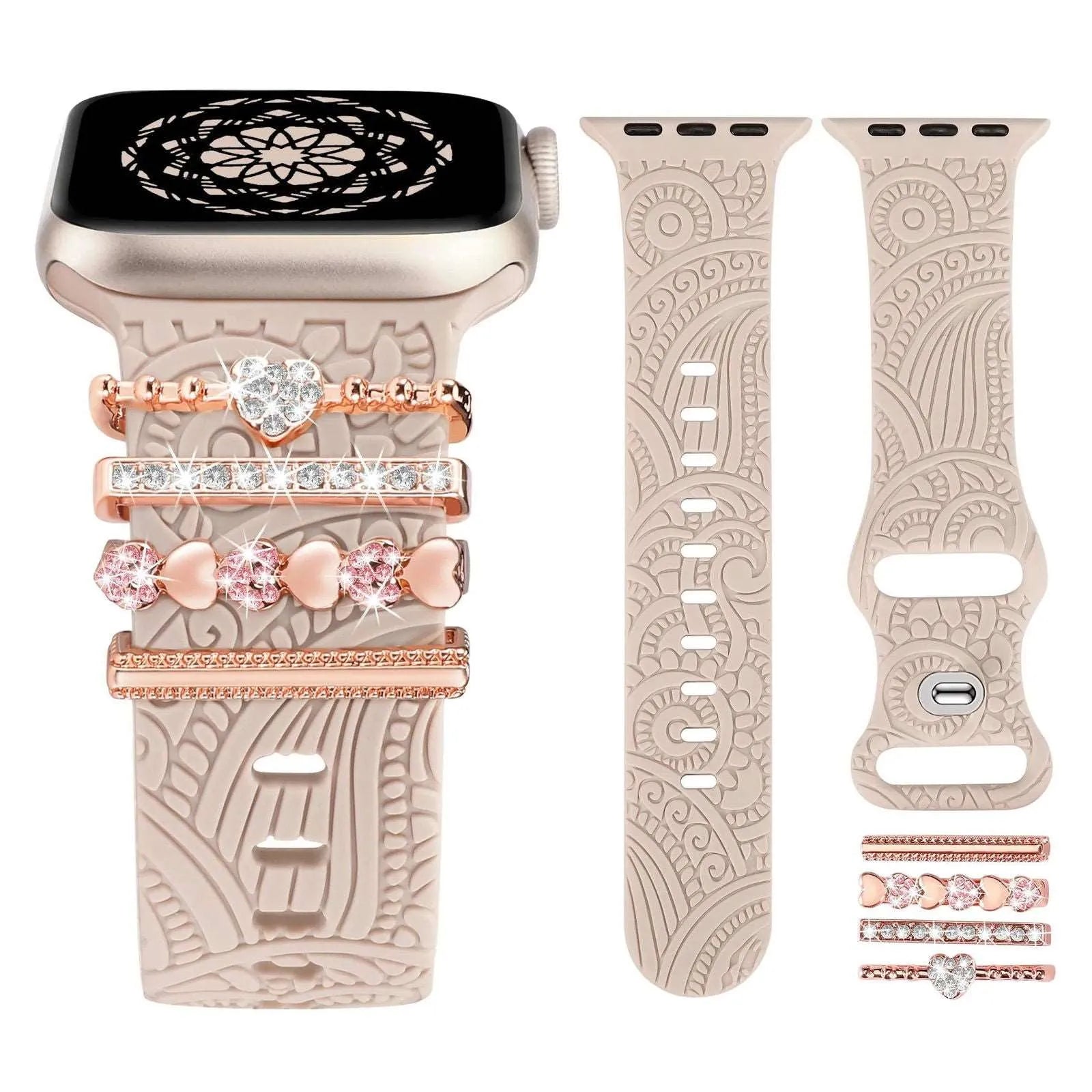 Engraved Silicone Band with Diamond Charms Compatible with Apple Watch 38–49mm