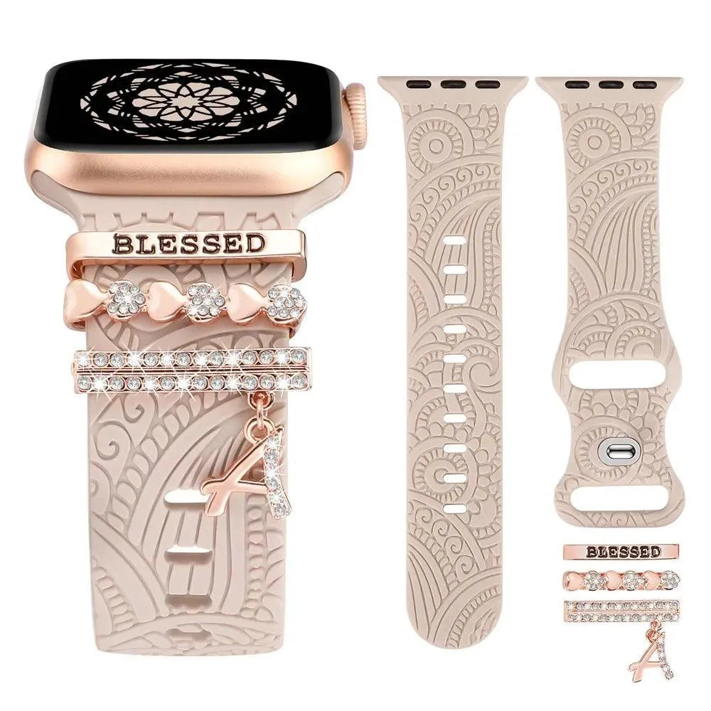 Engraved Silicone Band with Diamond Charms Compatible with Apple Watch 38–49mm
