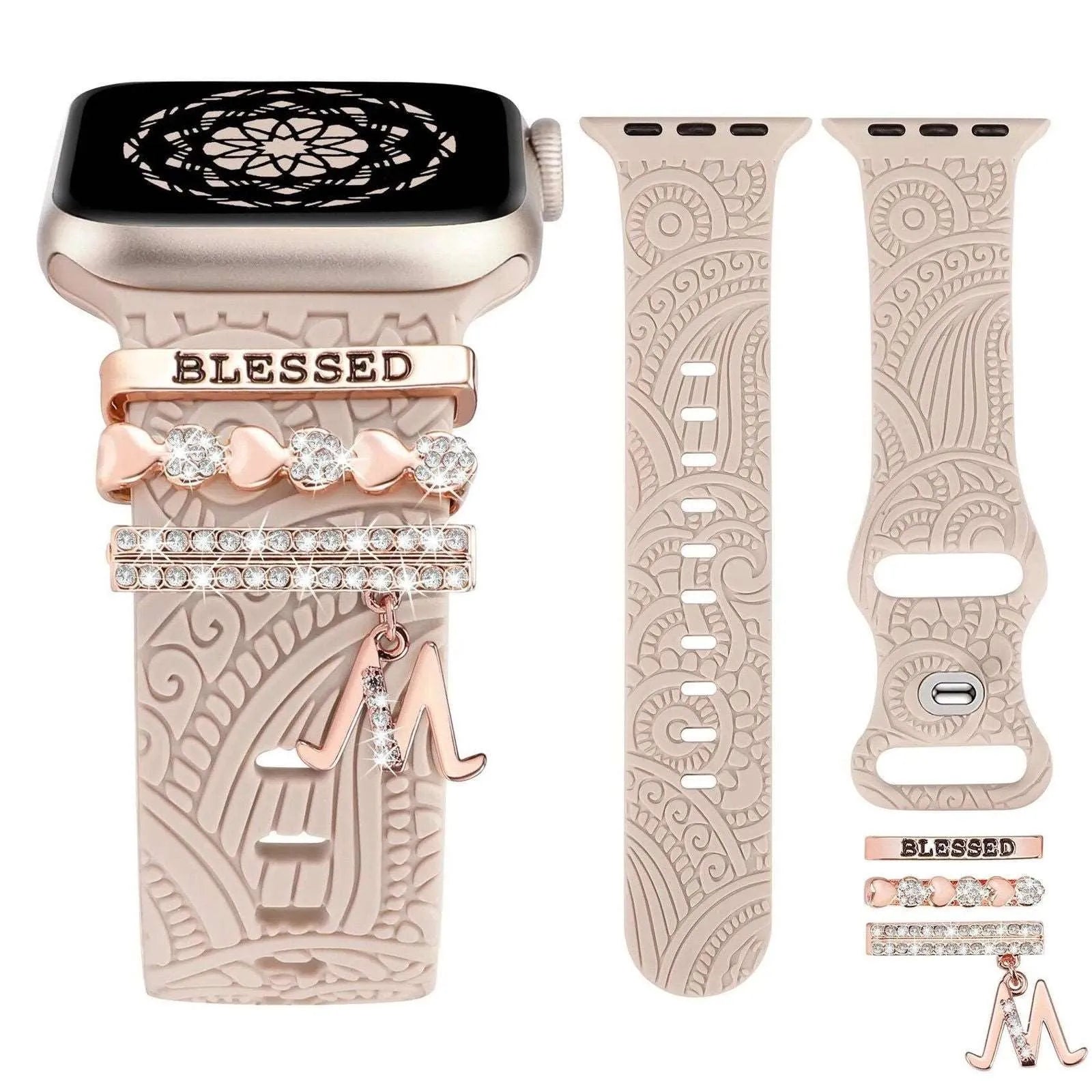 Engraved Silicone Band with Diamond Charms Compatible with Apple Watch 38–49mm