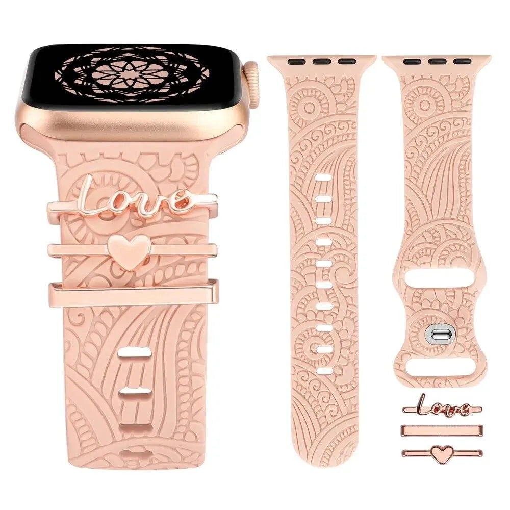 Engraved Silicone Band with Diamond Charms Compatible with Apple Watch 38–49mm