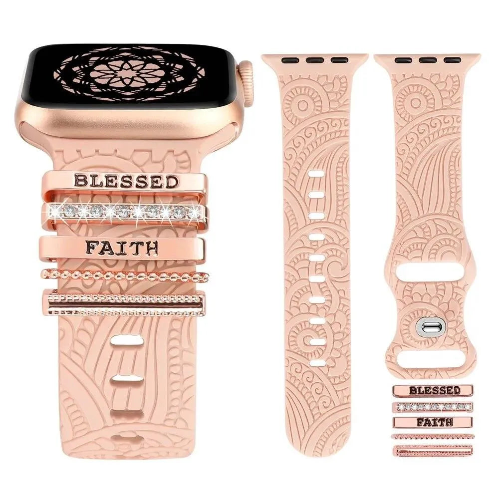 Engraved Silicone Band with Diamond Charms Compatible with Apple Watch 38–49mm