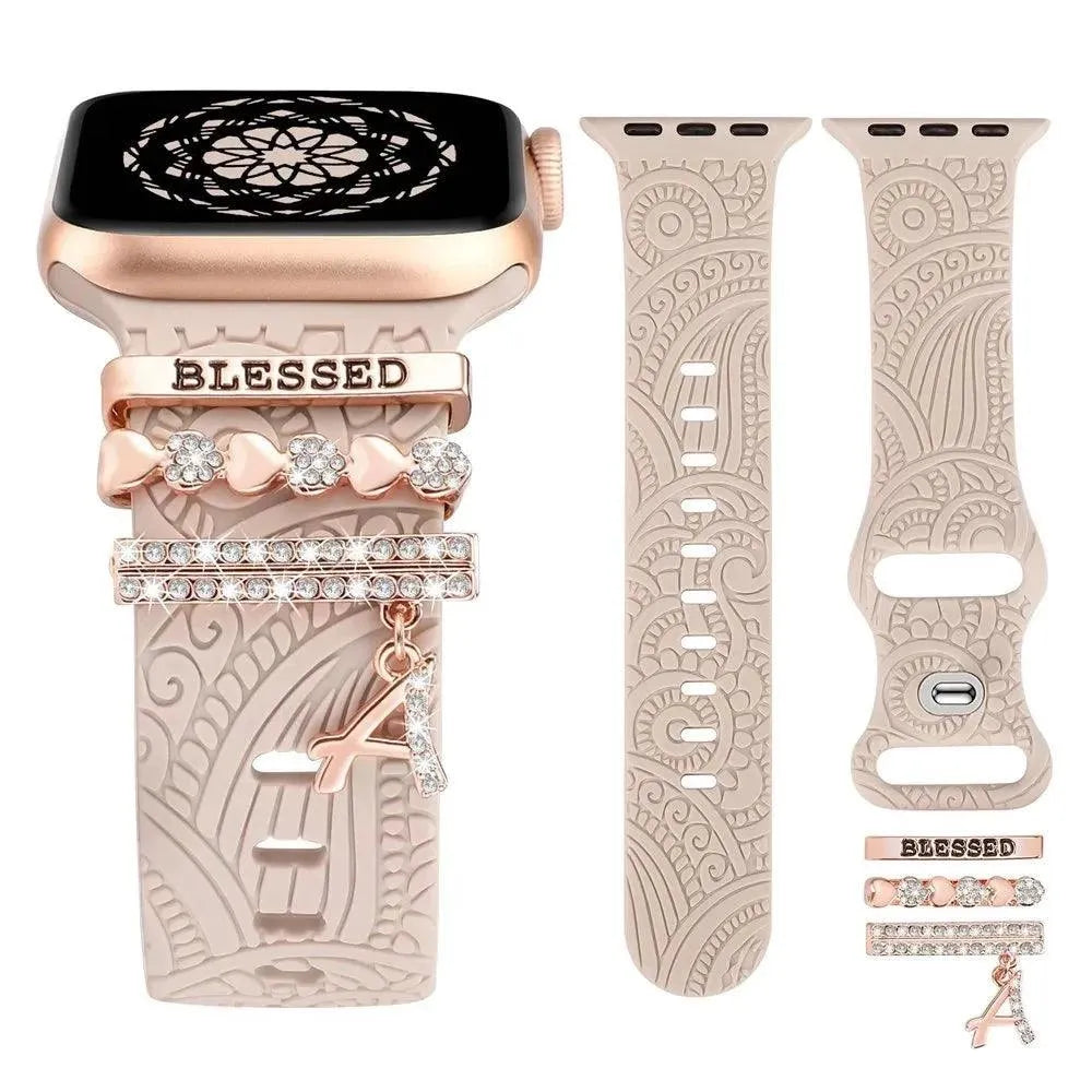 Engraved Silicone Band with Diamond Charms Compatible with Apple Watch 38–49mm