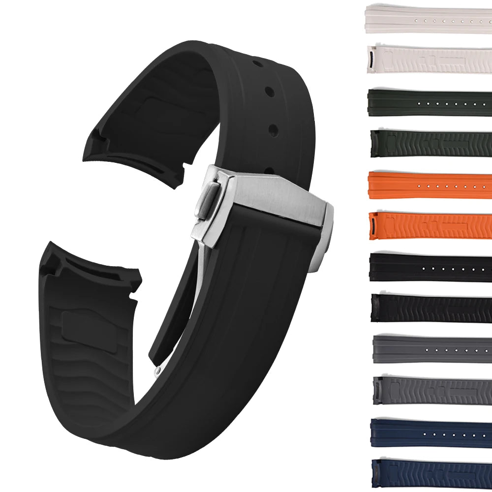 FKM Curved-End Rubber Watch Strap with Folding Buckle – 20mm (Multiple Colors)