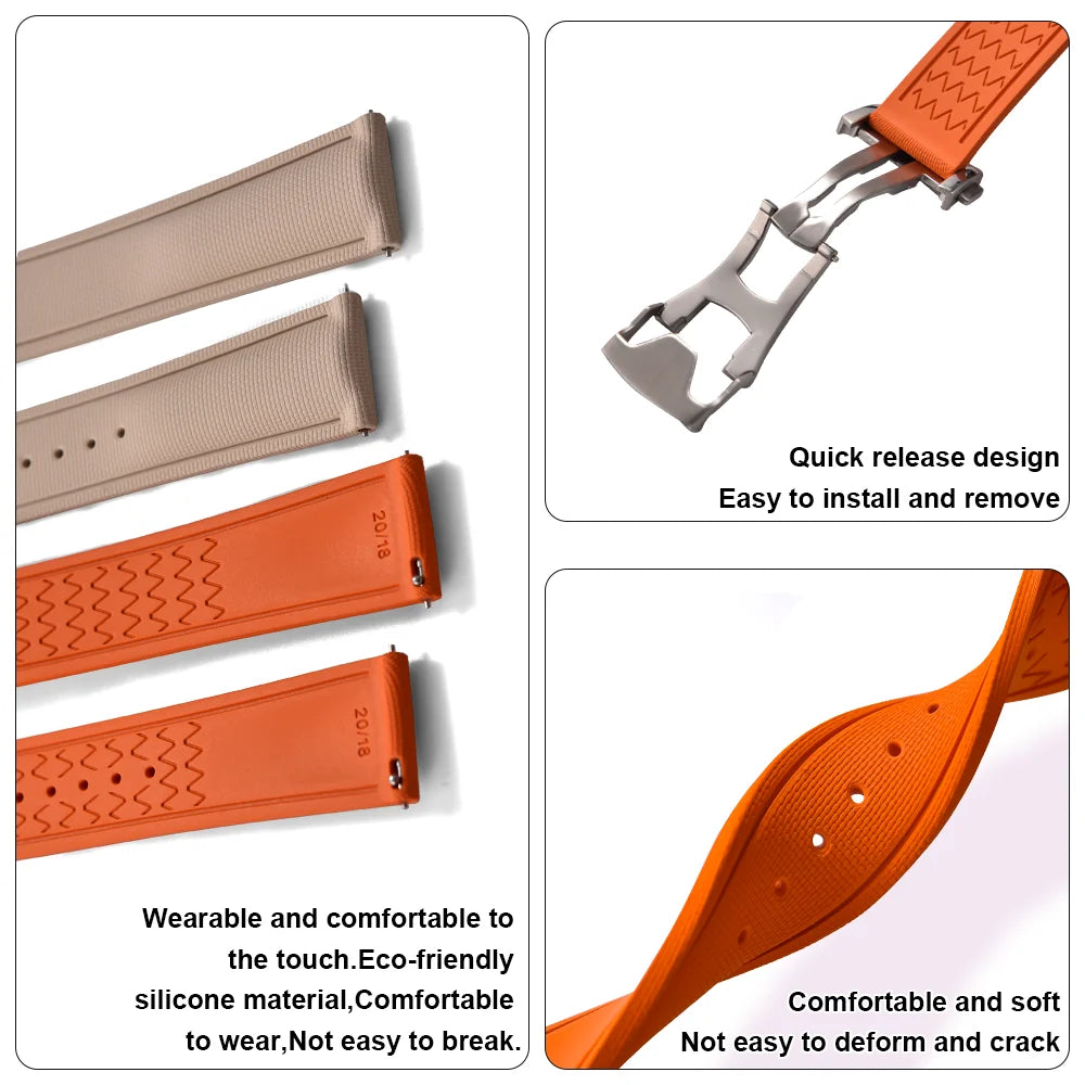 FKM Rubber Watch Strap 20mm–22mm – Quick Release, Folding Clasp Option-Straptique-Viva Timepiece