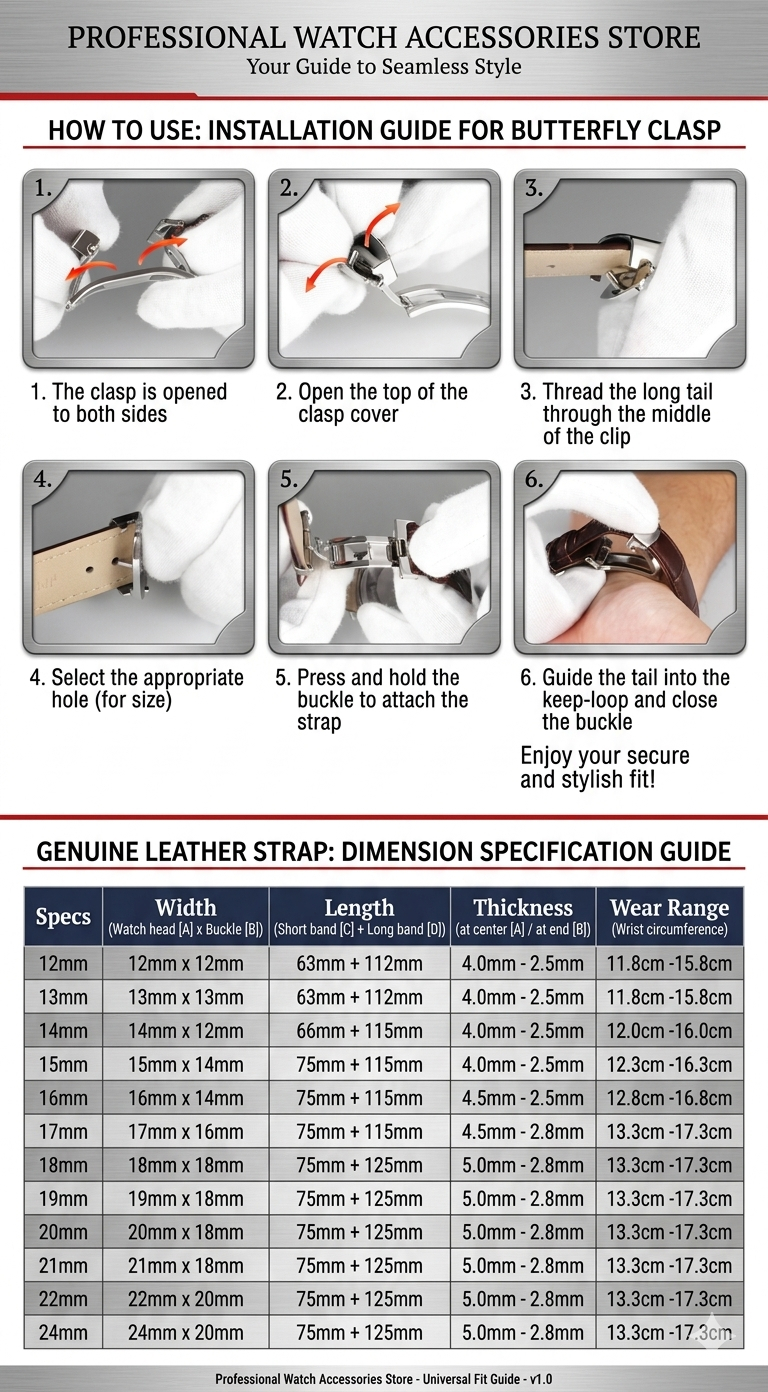 Genuine Leather Watch Strap with Butterfly Clasp – 14mm to 24mm