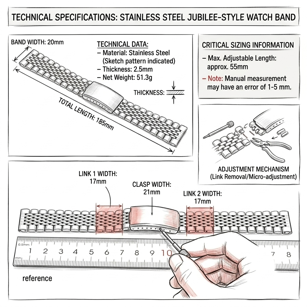 Multi-Link Stainless Steel Watch Band with Curved & Flat End Links