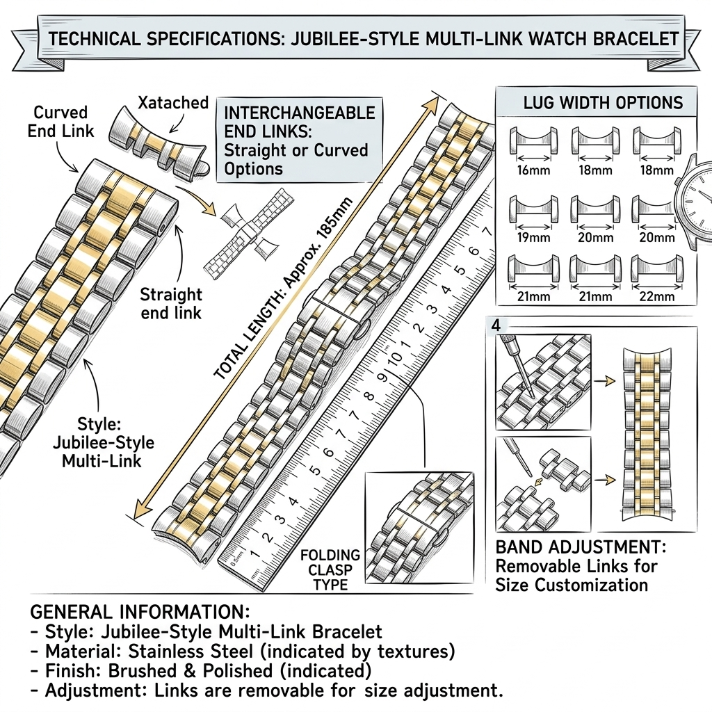 Jubilee-style multi-link stainless steel watch band with interchangeable curved/flat end links and folding clasp.
