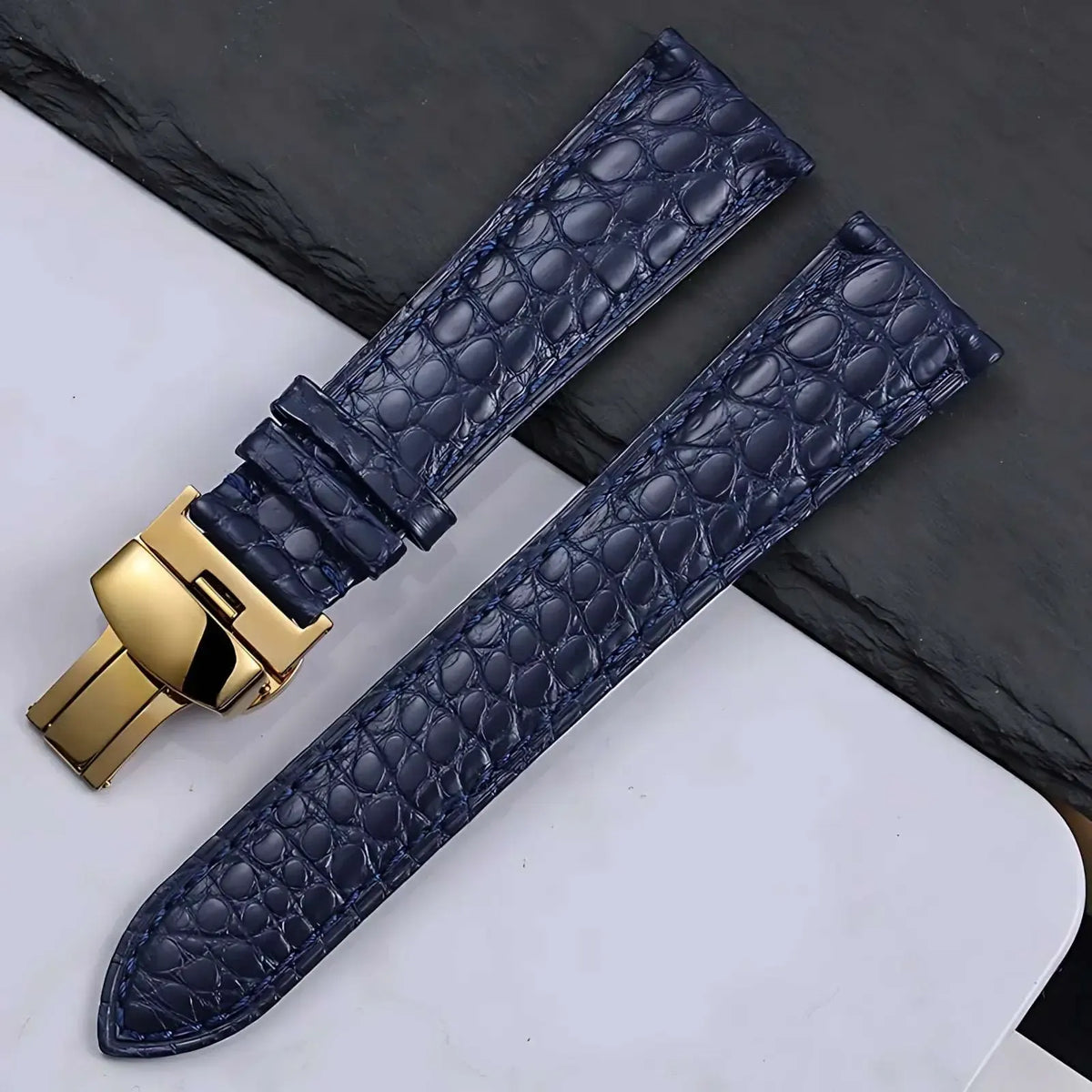 Genuine Crocodile Leather Watch Strap 12–22mm – Butterfly Clasp-Watch Bands-VivaStraps-blue-gold-14mm-Viva Timepiece