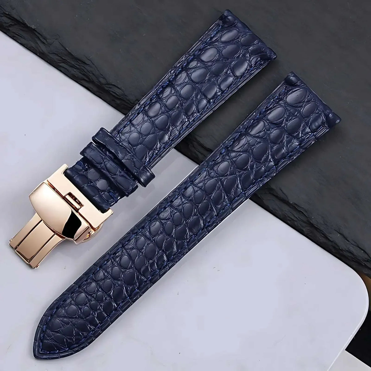 Genuine Crocodile Leather Watch Strap 12–22mm – Butterfly Clasp-Watch Bands-VivaStraps-blue-rose gold-14mm-Viva Timepiece