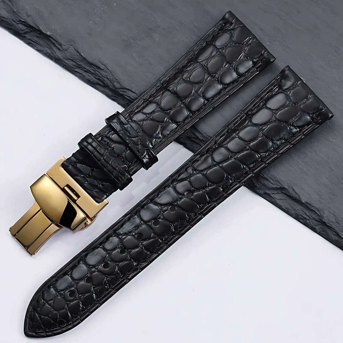 Genuine Crocodile Leather Watch Strap 12–22mm – Butterfly Clasp-Watch Bands-VivaStraps-black-gold-14mm-Viva Timepiece