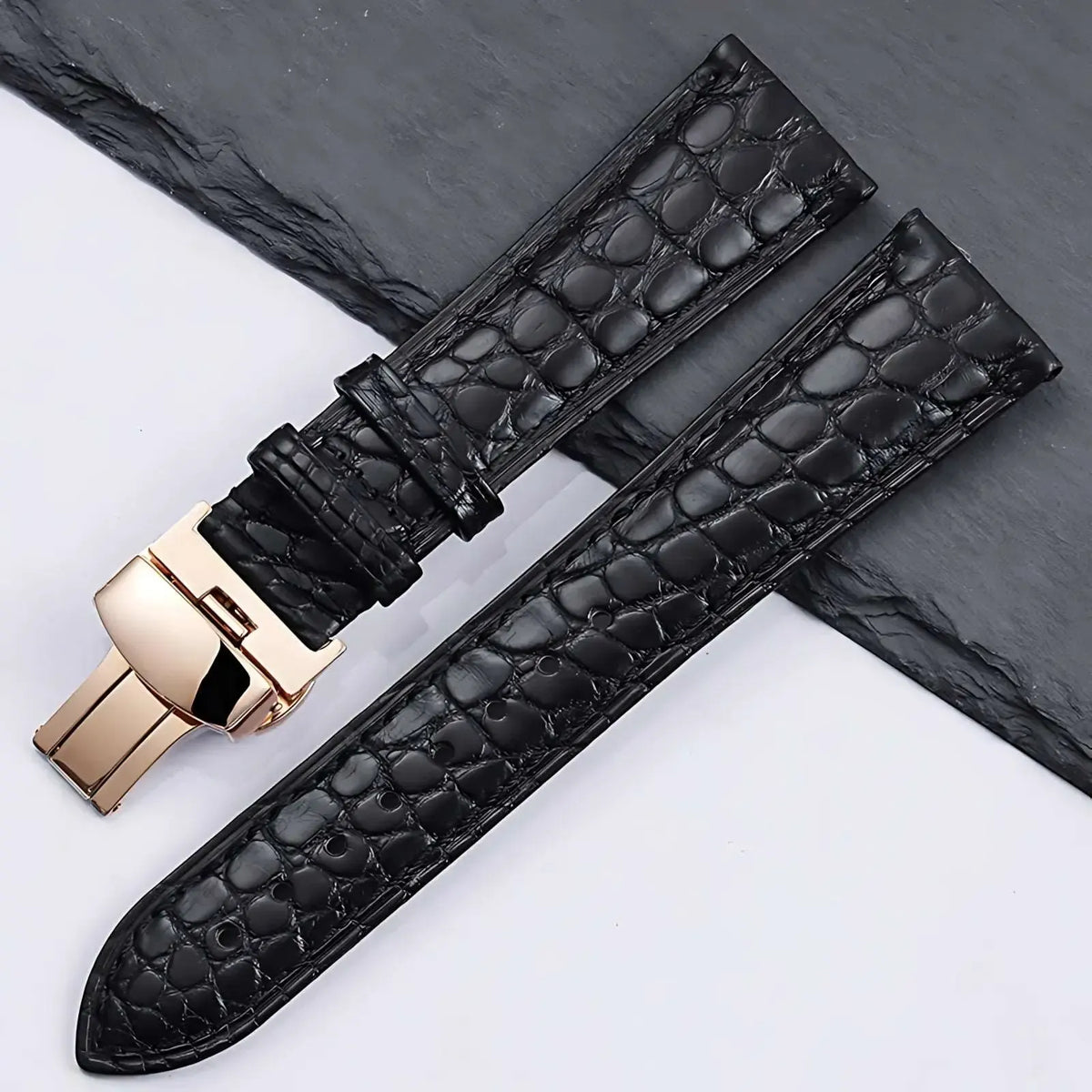 Genuine Crocodile Leather Watch Strap 12–22mm – Butterfly Clasp-Watch Bands-VivaStraps-black-rose gold-14mm-Viva Timepiece