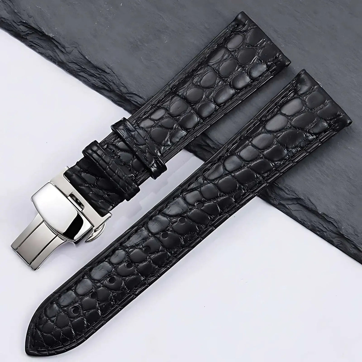 Genuine Crocodile Leather Watch Strap 12–22mm – Butterfly Clasp-Watch Bands-VivaStraps-black-silver-14mm-Viva Timepiece