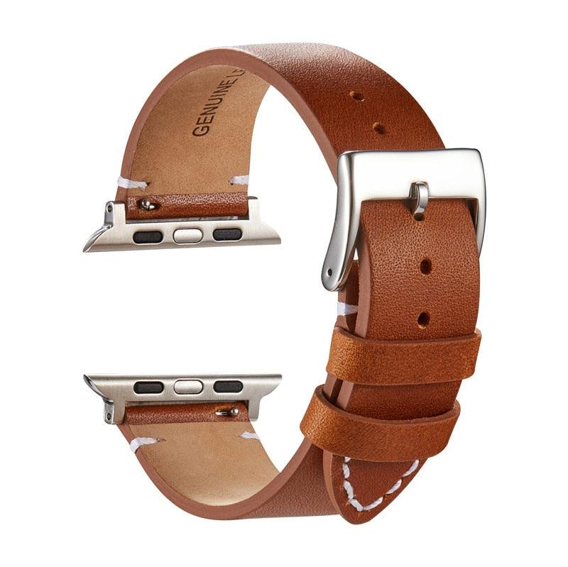 Genuine Leather Strap for Apple Watch Bands Light Brown Silver - Viva Timepiece | Viva Timepiece