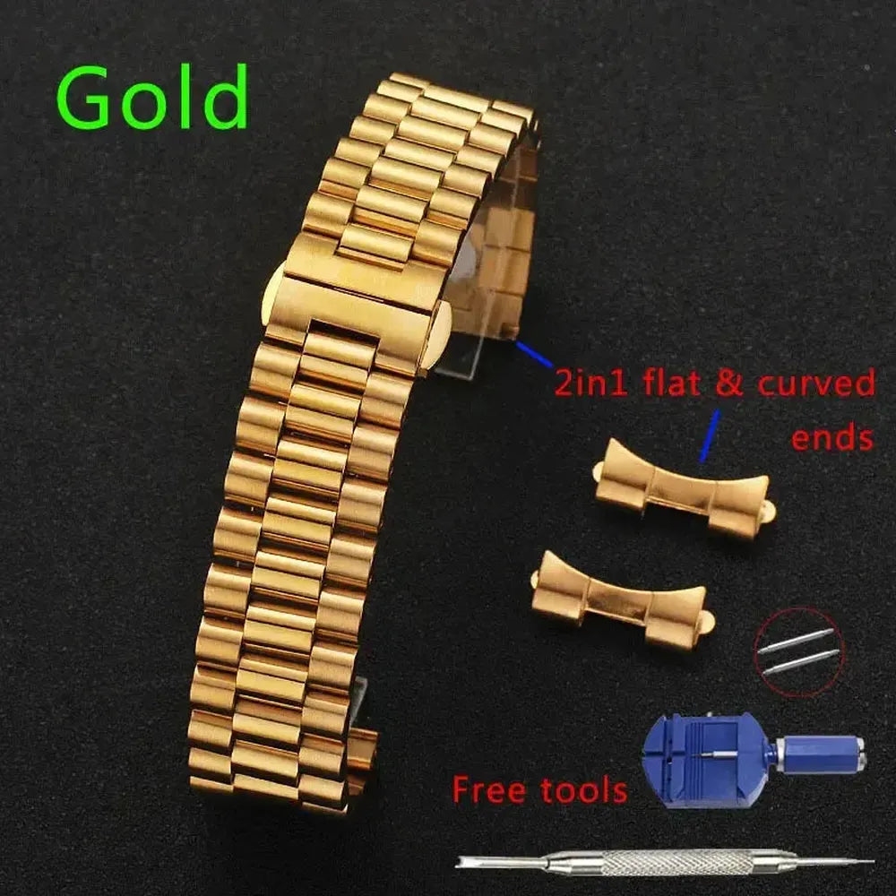 Solid Stainless Steel 3-Row Replacement Watch Band – Flat & Curved End, 12mm–22mm-ChronoCraft-Viva Timepiece