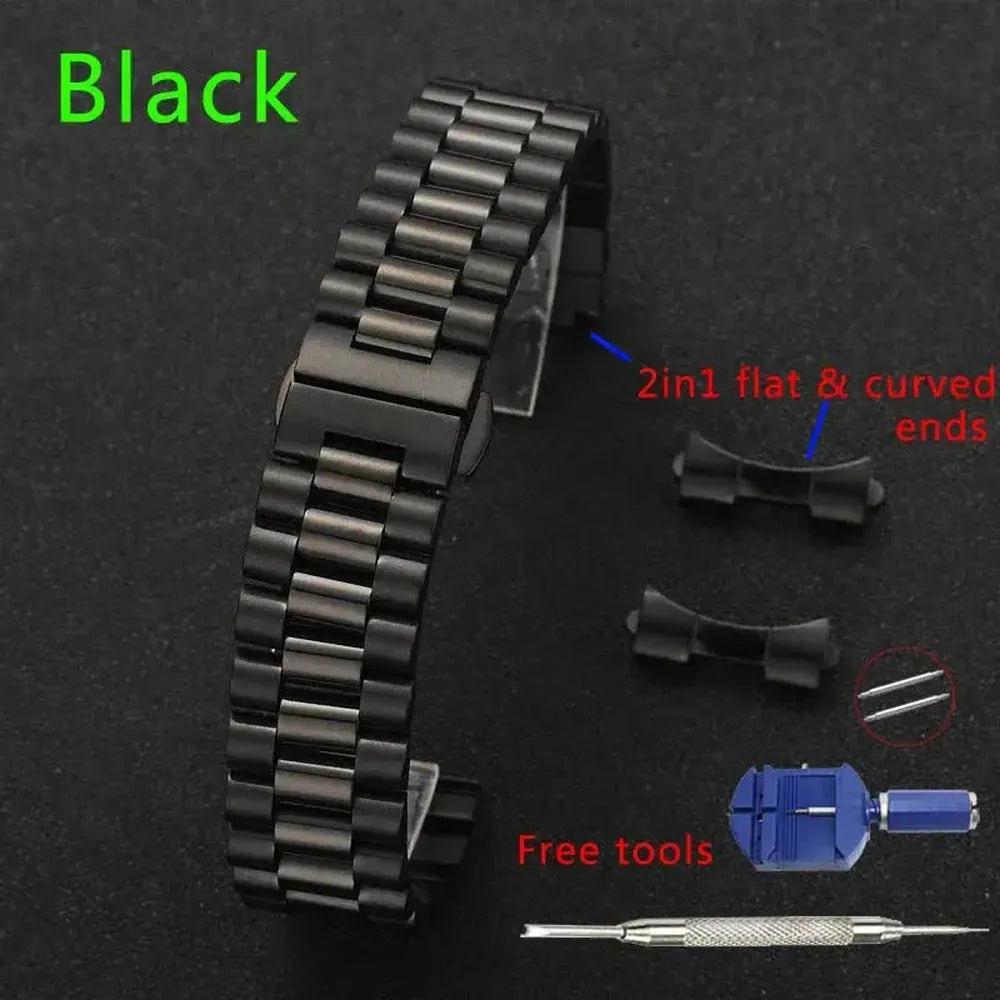 Solid Stainless Steel 3-Row Replacement Watch Band – Flat & Curved End, 12mm–22mm-ChronoCraft-Viva Timepiece