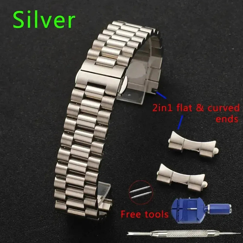 Solid Stainless Steel 3-Row Replacement Watch Band – Flat & Curved End, 12mm–22mm-ChronoCraft-Viva Timepiece