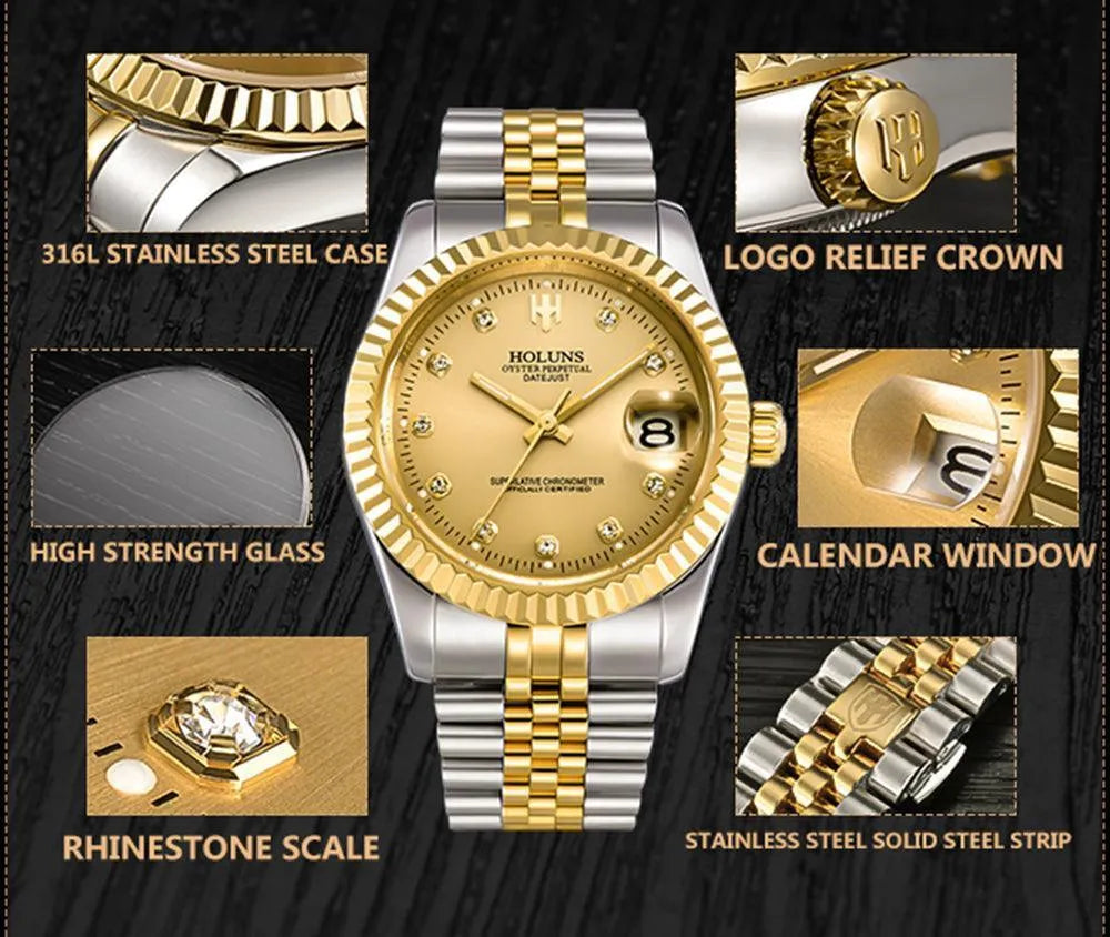Holuns Classic Date Automatic Watch – Fluted Bezel Sapphire-Holuns-Viva Timepiece