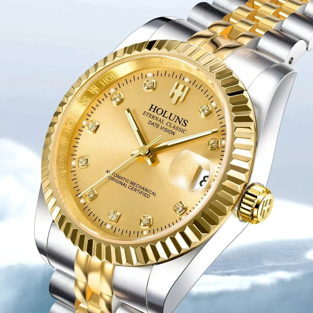 Holuns Classic Date Automatic Watch – Fluted Bezel Sapphire-Holuns-Viva Timepiece