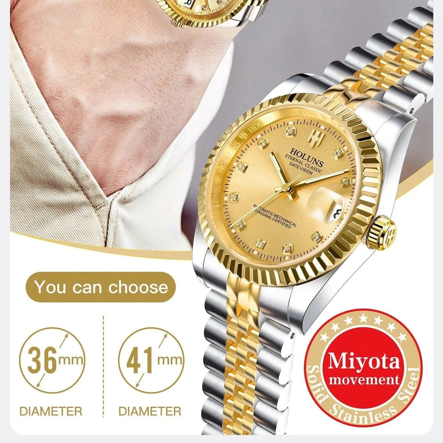 Holuns Automatic Dress Watch – Fluted Bezel, Sapphire, 36/41mm