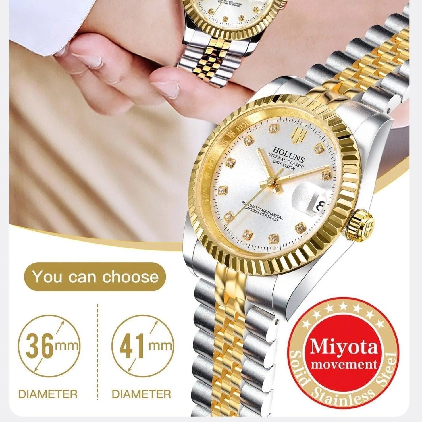 Holuns Automatic 36mm / 41mm Classic Dress Watch – Fluted Bezel, Sapphire, Jubilee Bracelet-Holuns-Viva Timepiece