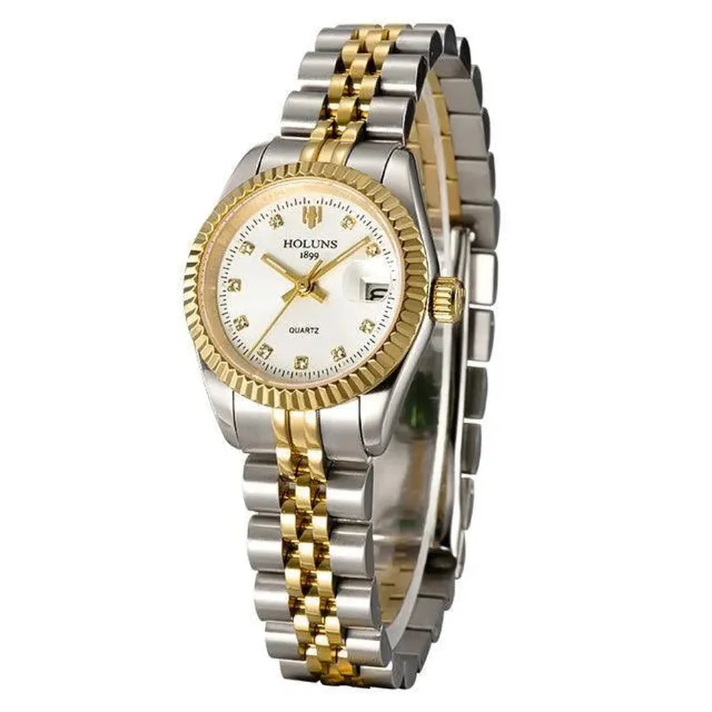 Holuns 28mm Ladies Quartz Dress Watch – Fluted Bezel, Jubilee Bracelet-Holuns-Viva Timepiece