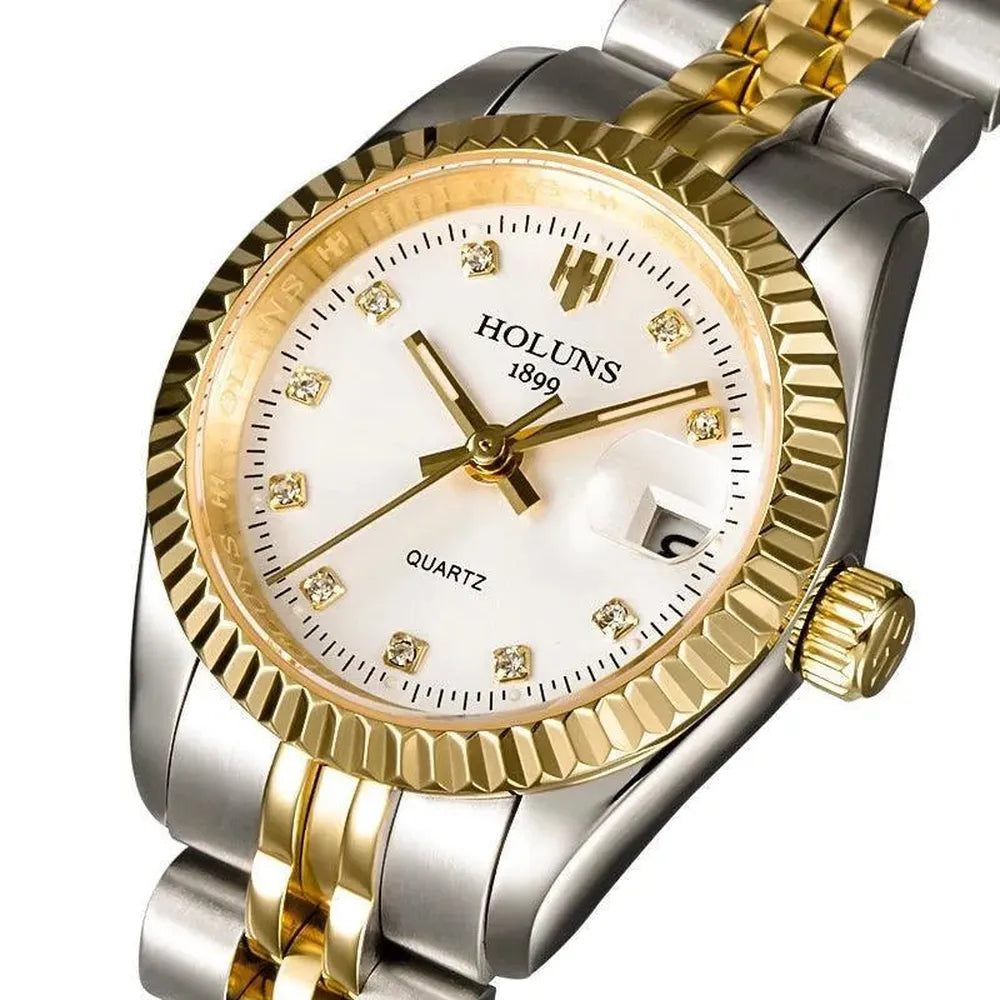 Holuns 28mm Ladies Quartz Dress Watch – Fluted Bezel, Jubilee Bracelet-Holuns-Viva Timepiece